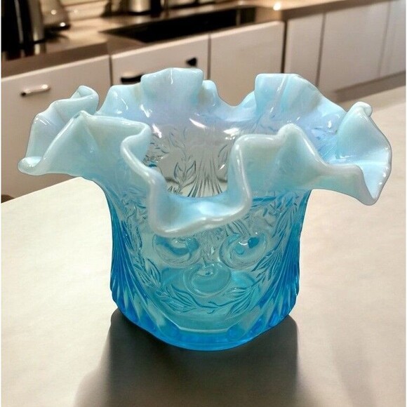 Vintage LG Wright Blue Glass Opalescent Raised Cherry Design Vase MCM 1960’s - Picture 1 of 11